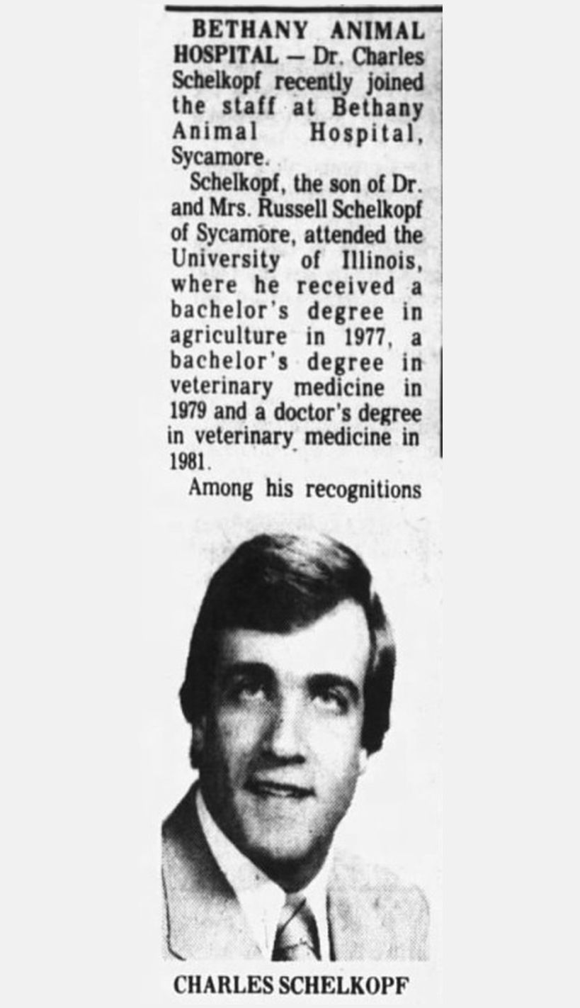 Black-and-white newspaper clipping with portrait of Charles Schelkopf and article text about Bethany Animal Hospital.