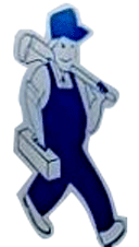 A man in overalls is carrying a toolbox
