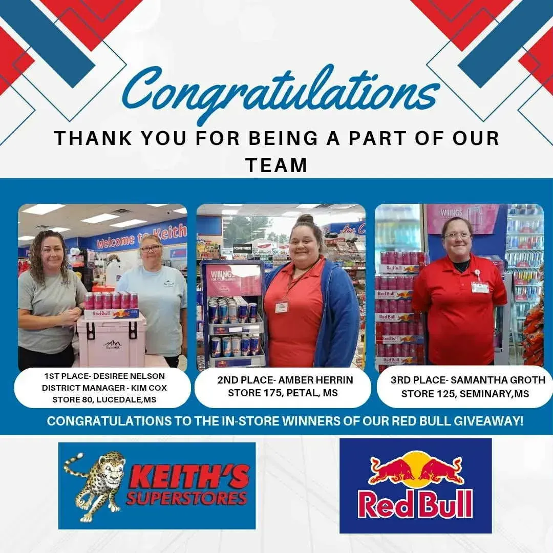 Congrats banner thanking team members, with three employee photos and Keith’s and Red Bull logos at bottom