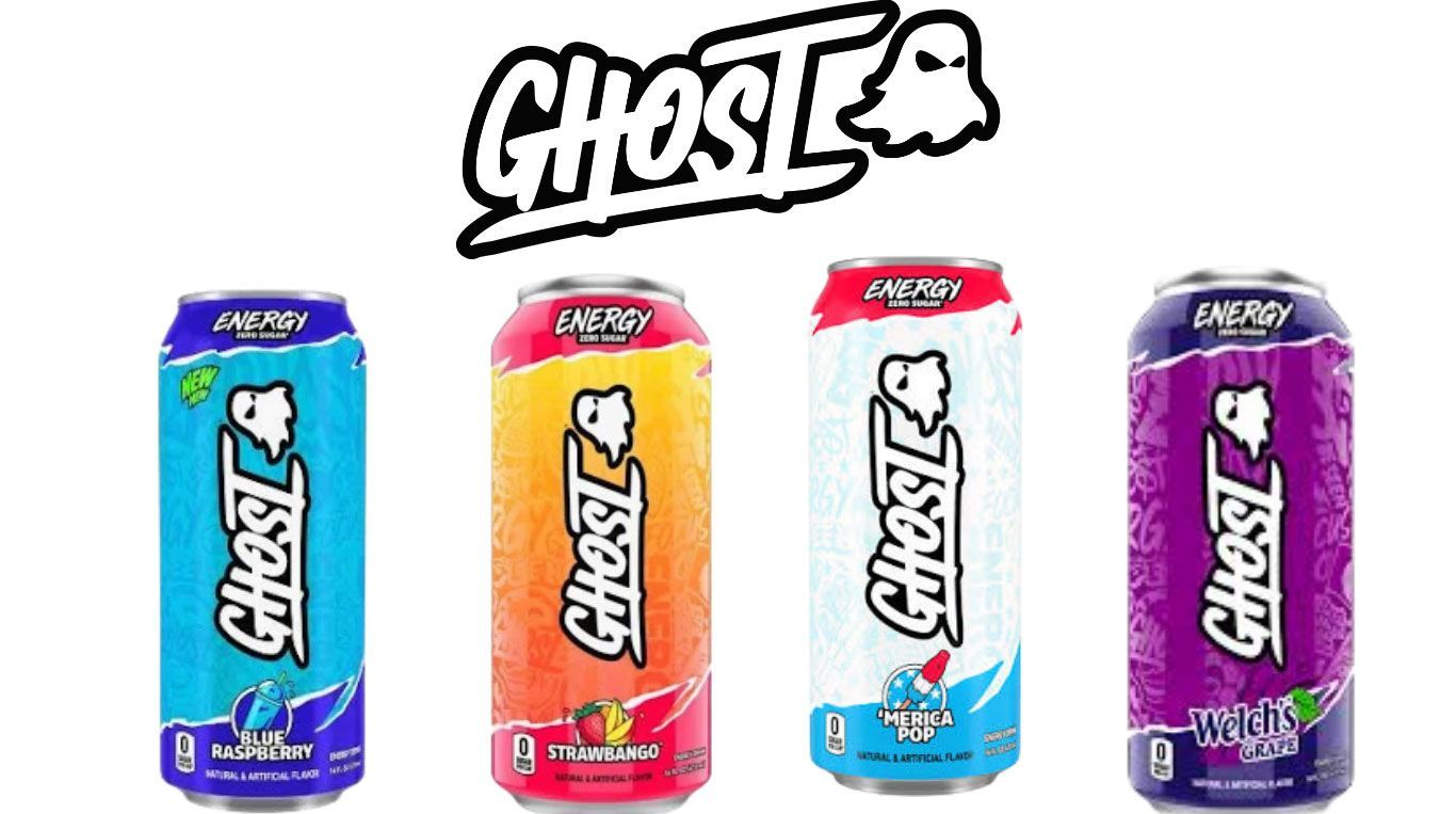 Four Ghost energy drink cans in blue, orange, sky blue, and purple on a white background.