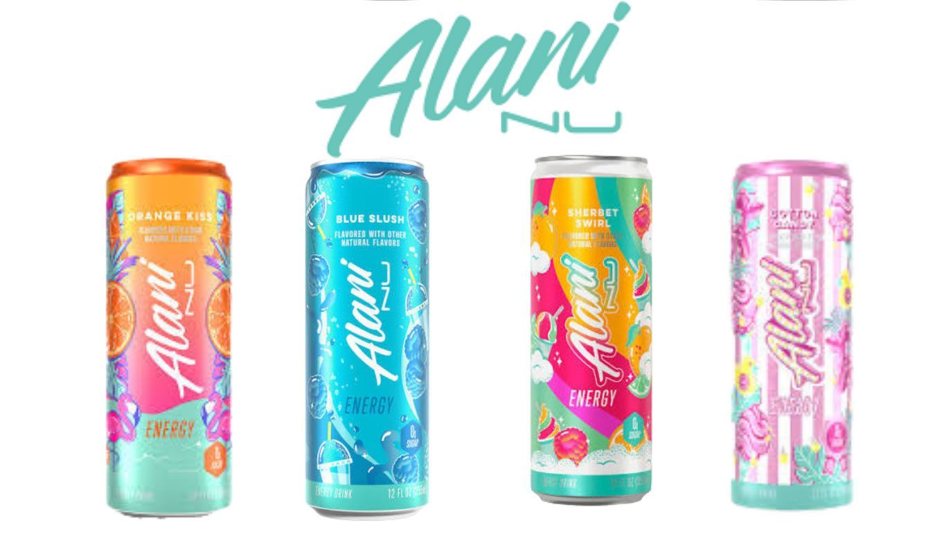 Four colorful Alani energy drink cans on a white background with the Alani logo above them