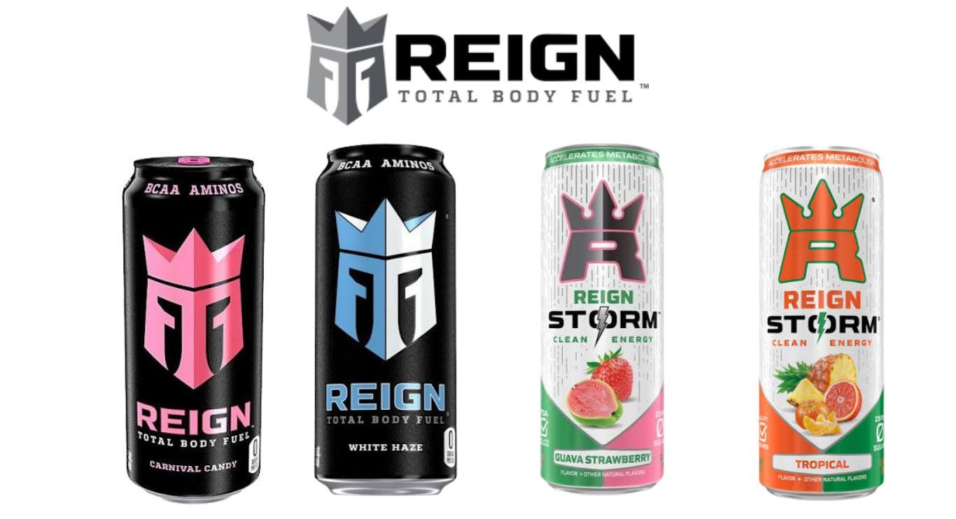 Four Reign Total Body Fuel cans in black, blue, pink, and orange on a white background.