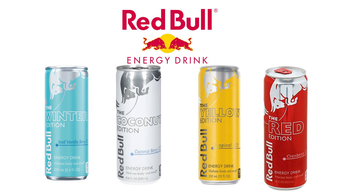 Red Bull Energy Drink cans in blue, silver, yellow, and red on a white background