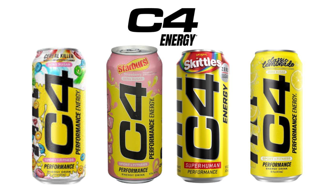 Four C4 Energy drink cans in yellow, pink, black, and yellow packaging on a white background.