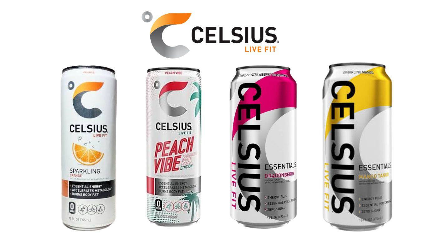 Four Celsius energy drink cans in white, peach, pink, and yellow flavors on a white background
