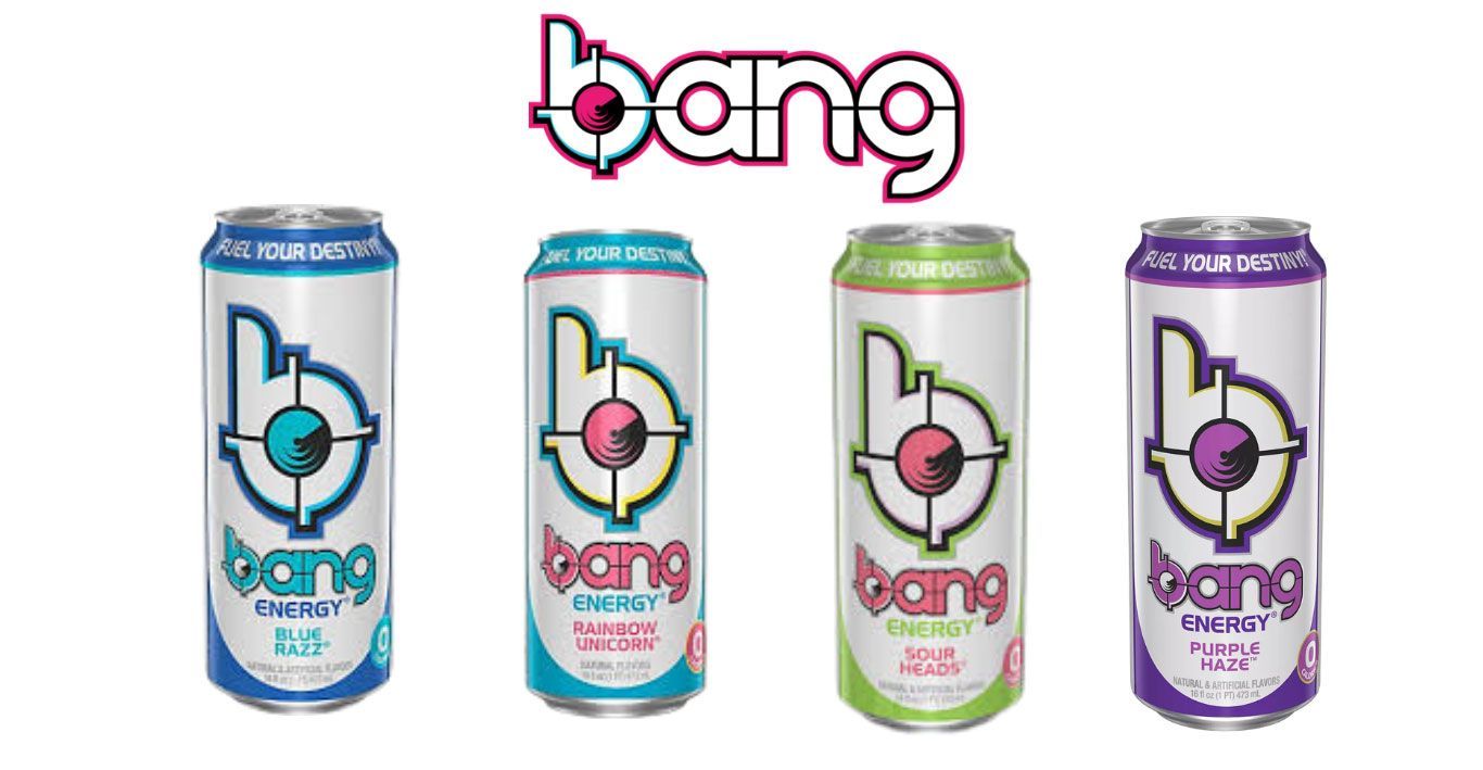 Four colorful Bang energy drink cans lined up on a white background.