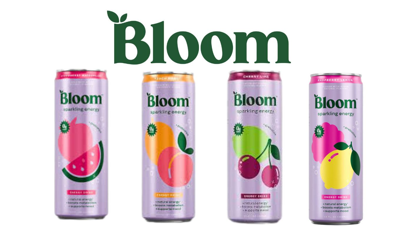 Bloom brand seltzer cans in four fruit flavors on a white background.