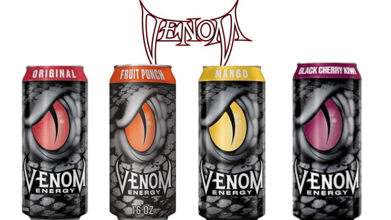 Four Venom Energy cans in red, orange, yellow, and pink flavors on a white background.