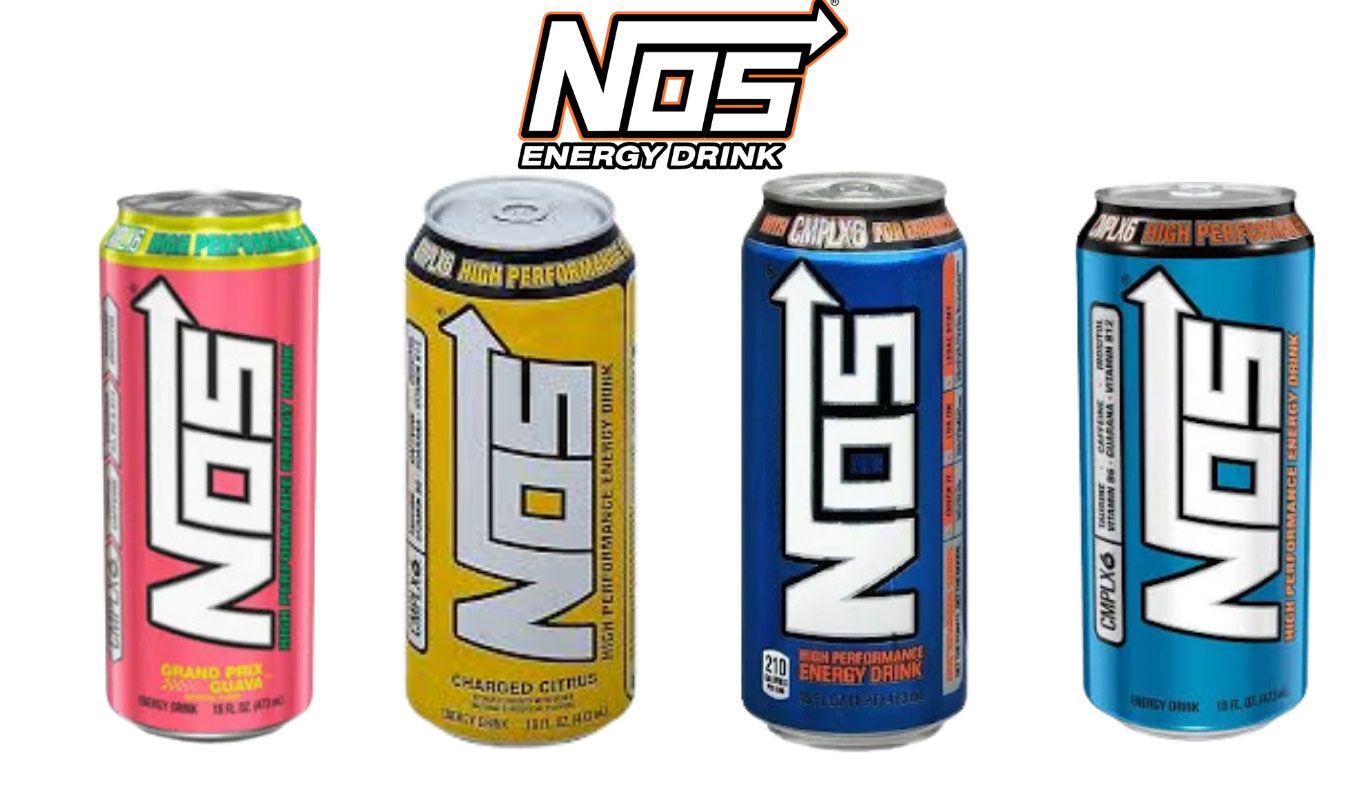 Four colorful NOS energy drink cans lined up with the NOS logo above them on a white background