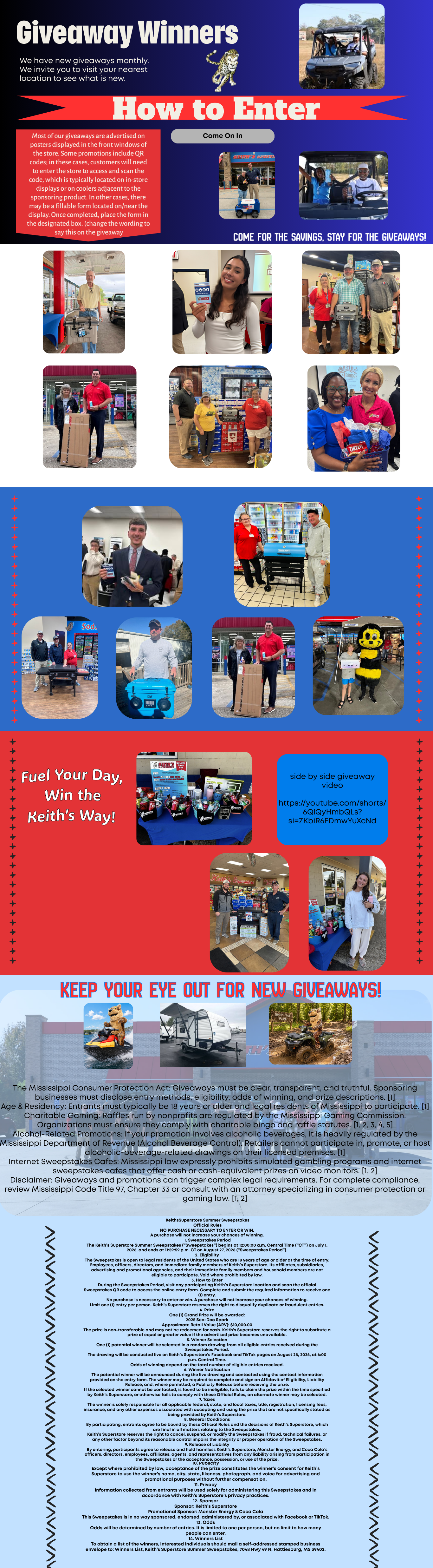Collage-style poster with red and blue sections showing multiple small photos, text blocks, and a document scan.