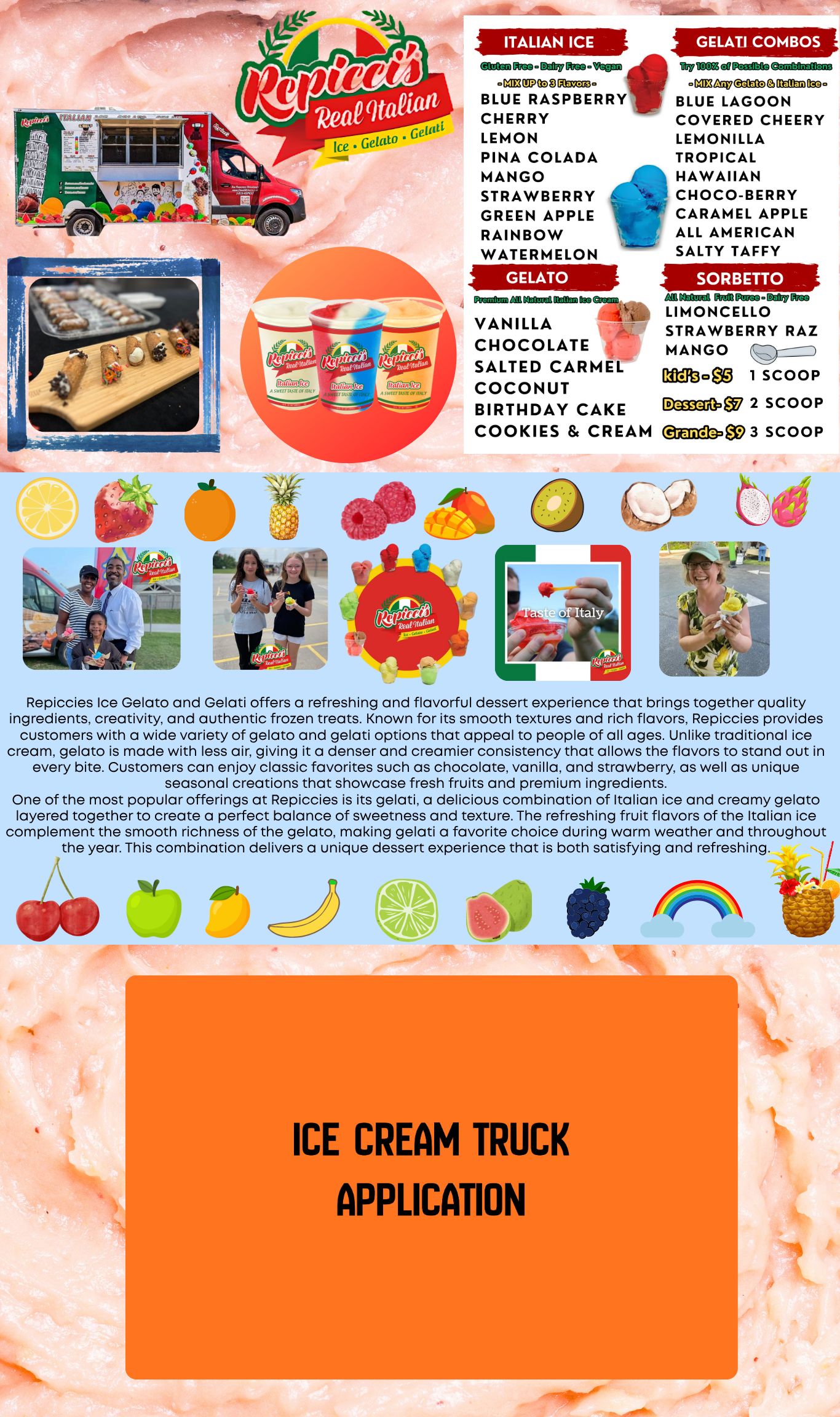 Ice cream truck application flyer with colorful product photos and an orange title box.