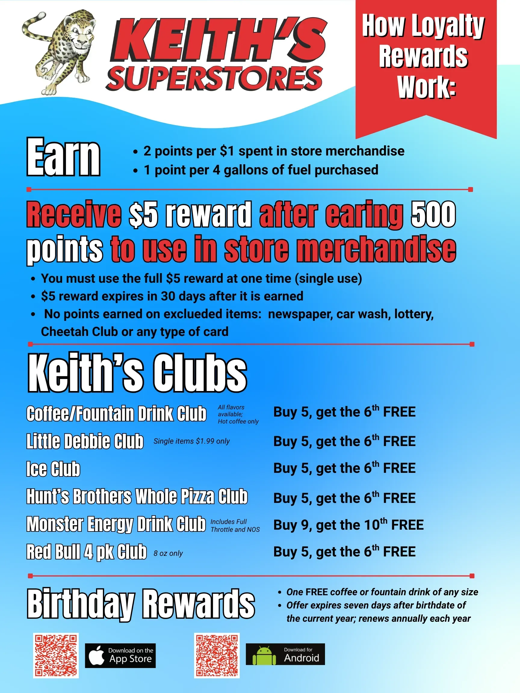 Keith’s Super Rewards flyer with red, blue, and white sections listing earn, receive, clubs, and birthday rewards.