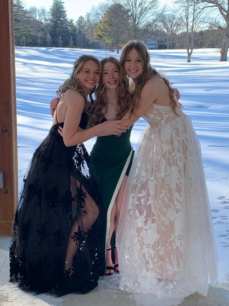 Three women in prom dresses are posing for a picture in the snow.