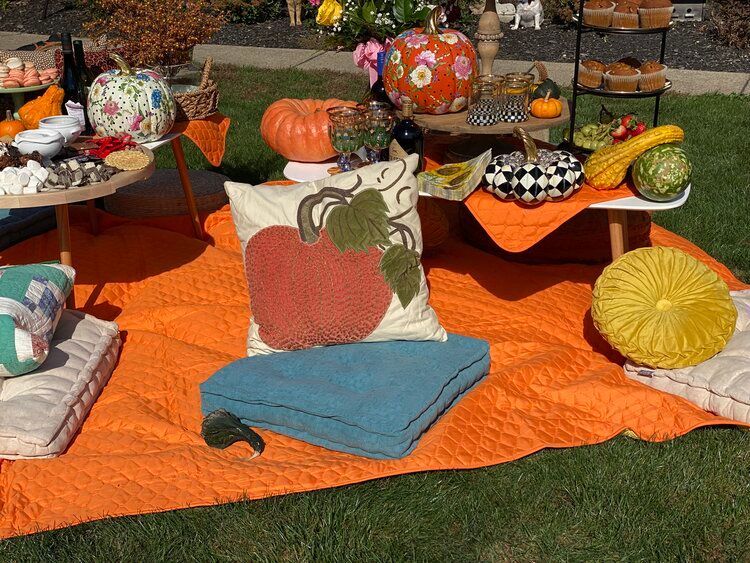 A blanket with a pumpkin on it is sitting on the grass.