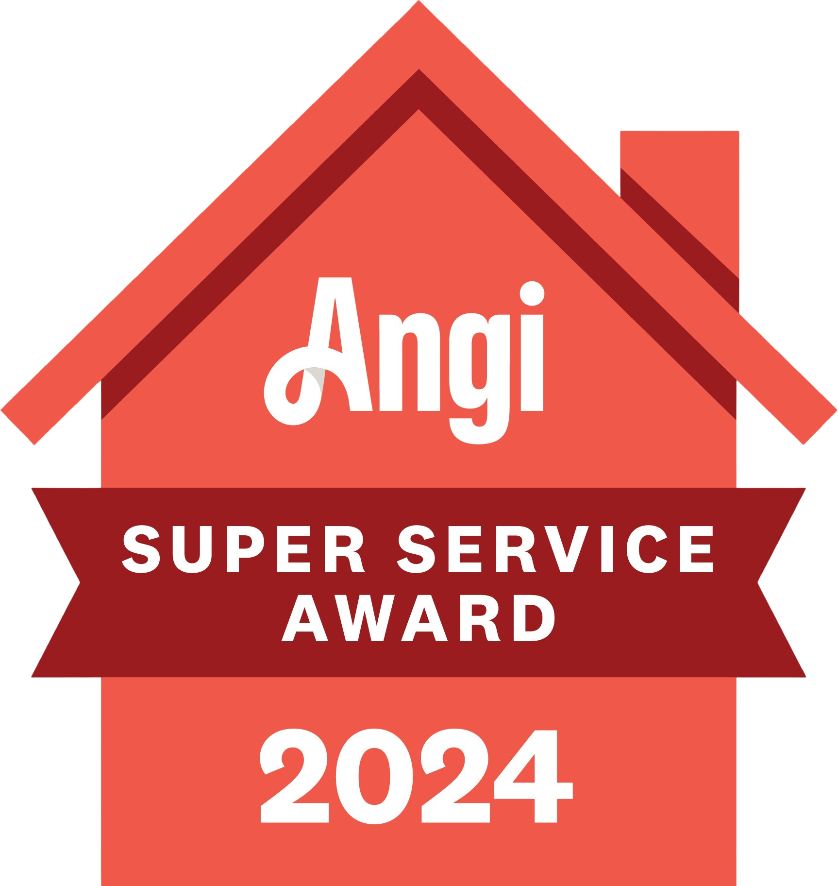 Angi Super Service Award 2024 badge in red, featuring a house shape and ribbon with white text.
