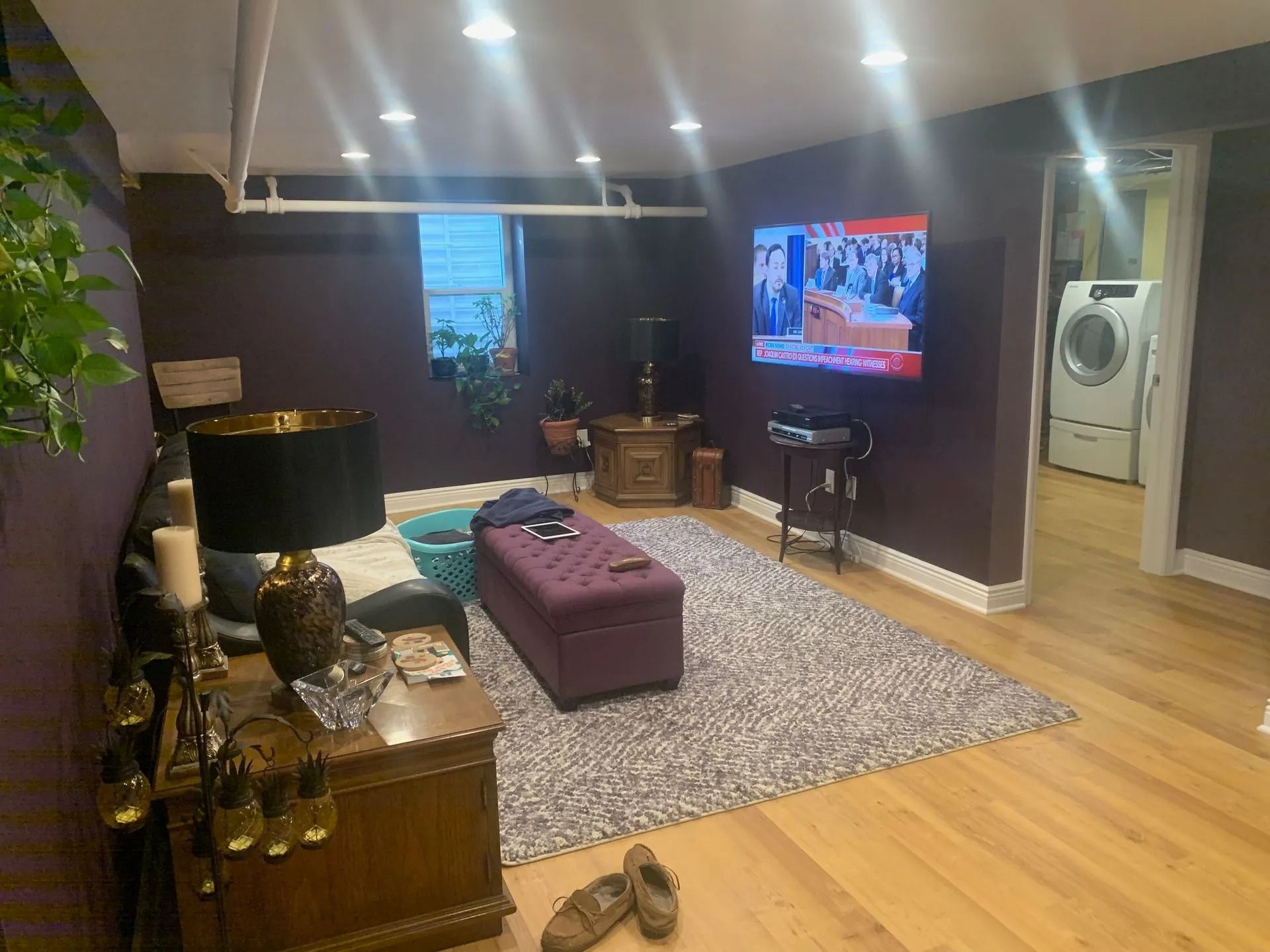 Living room with purple walls, wooden floor, rug, sofa, TV, and washer/dryer in doorway.