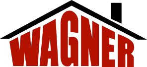 Logo of the name "WAGNER" in orange letters, inside a black roof outline with a chimney.