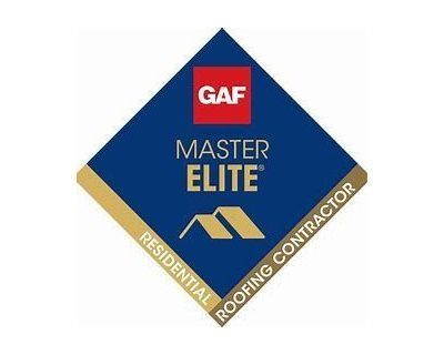 GAF Master Elite Residential Roofing Contractor logo: Blue diamond with gold trim, red square