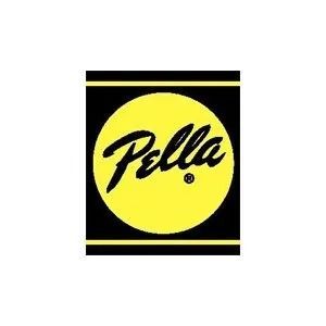 Logo for Pella, a brand of windows and doors. Yellow circle, black text, and black border.