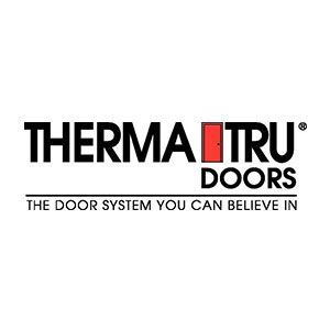 Therma-Tru Doors logo. Black text with a red door graphic, tagline: The Door System You Can Believe In.