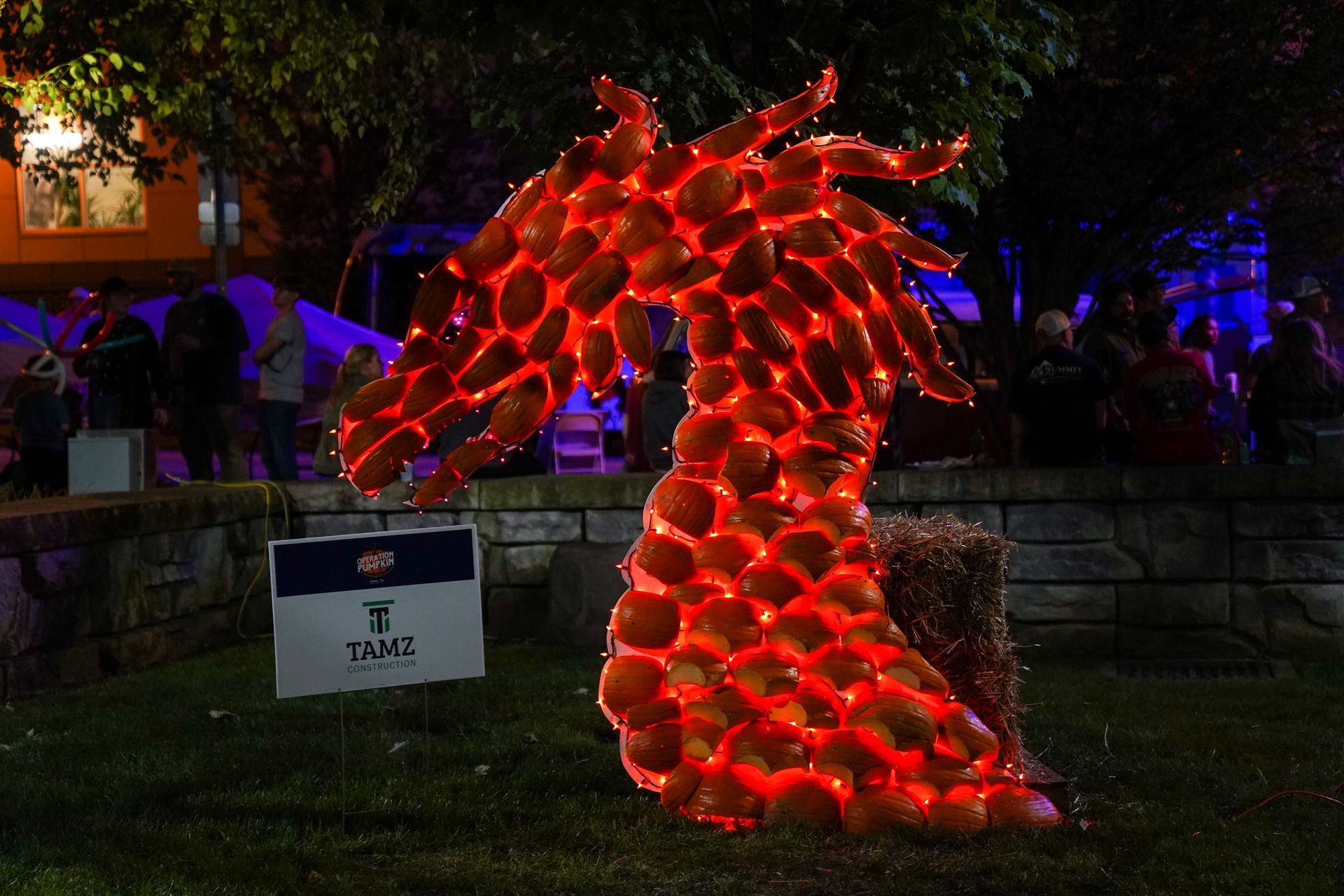 a statue of a dragon made out of pumpkins is lit up at night