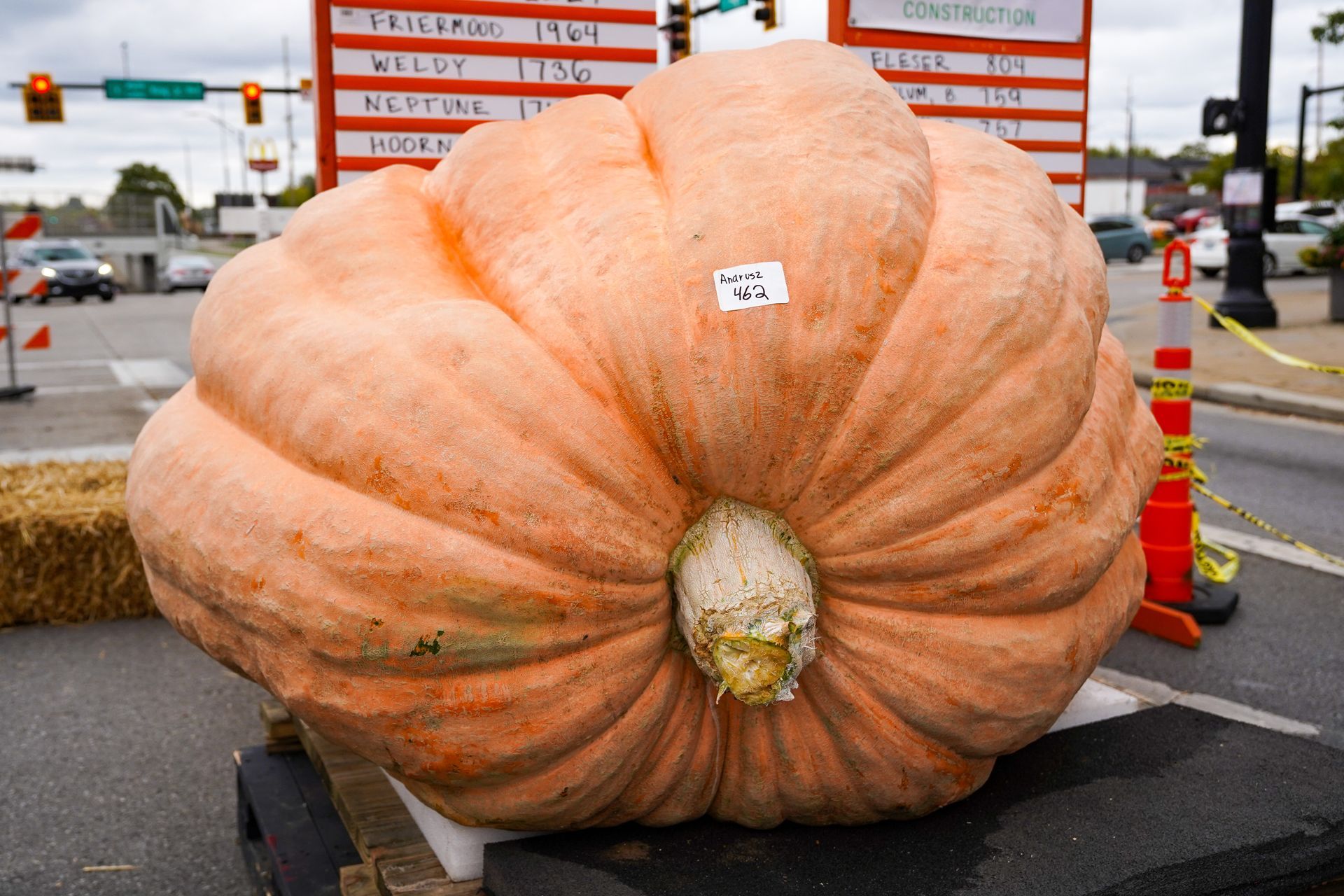 a large pumpkin is sitting on the side of the road