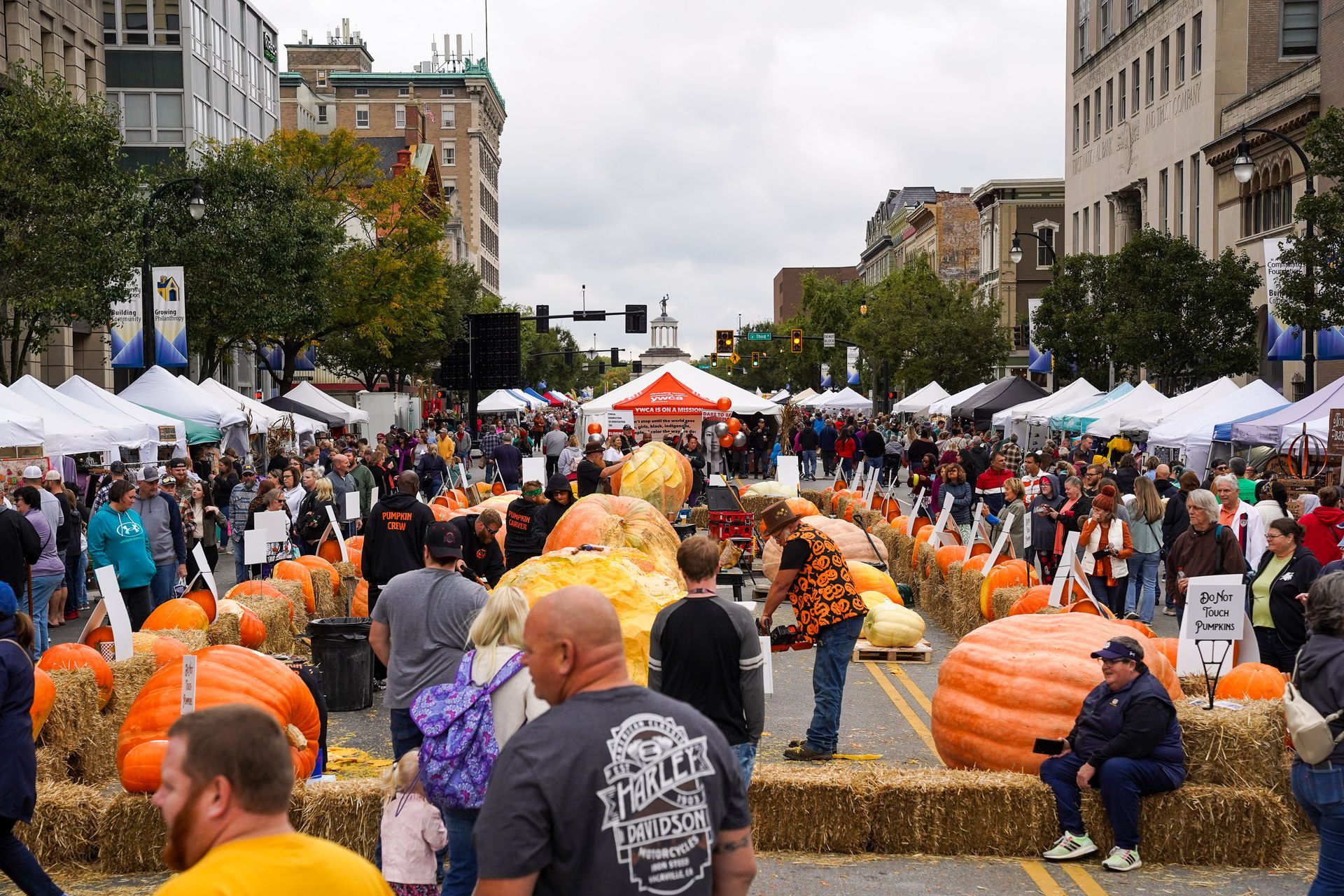 a crowd of people are walking down a street surrounded by pumpkins and hay bales