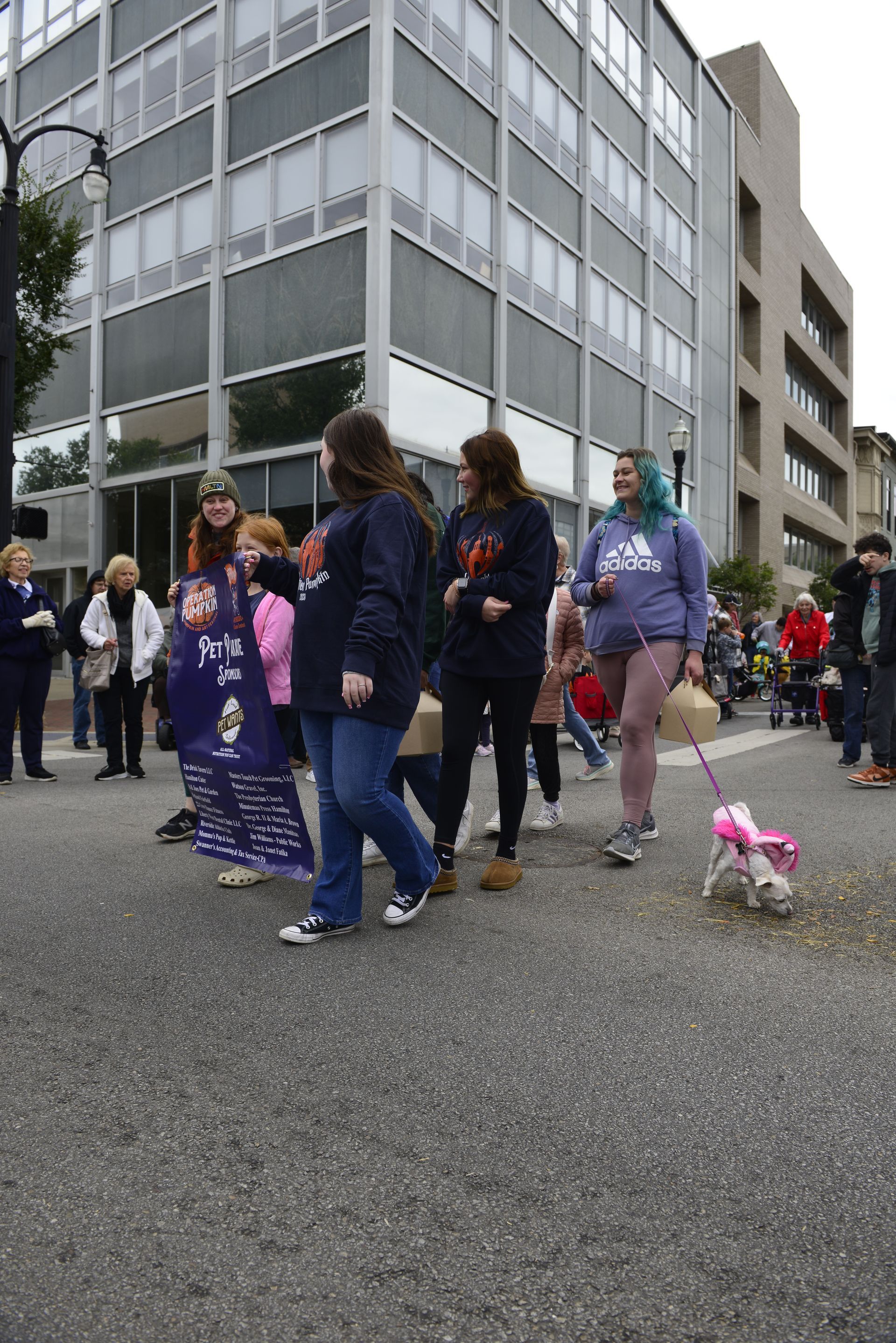 a group of people are walking down a street with a dog on a leash
