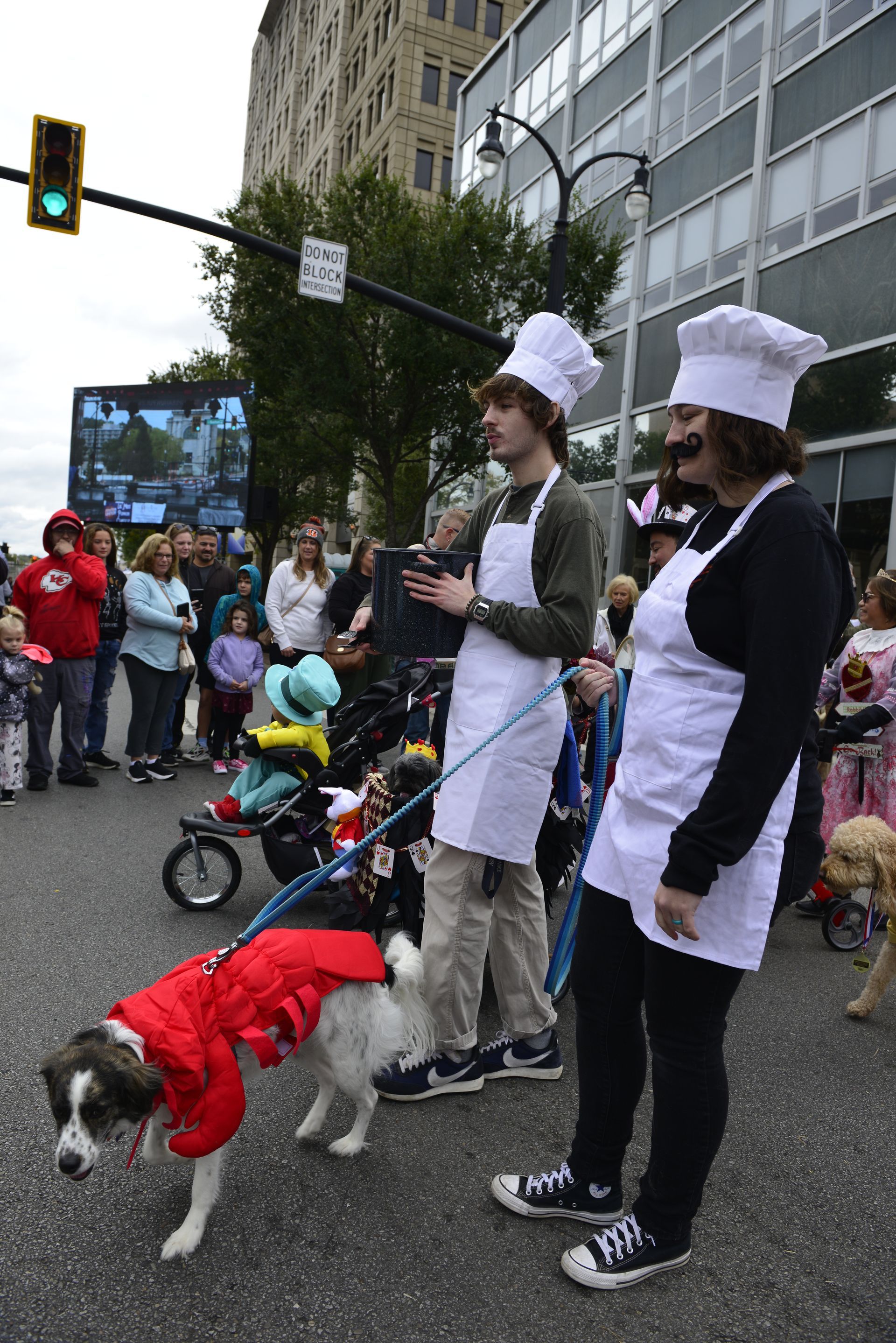 a group of people dressed as chefs are walking a dog down a street