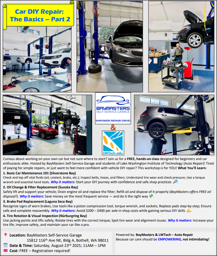 Flyer for a DIY car repair workshop at a self-service garage.  Cars are lifted on hoists and people work on them.  Includes event details.