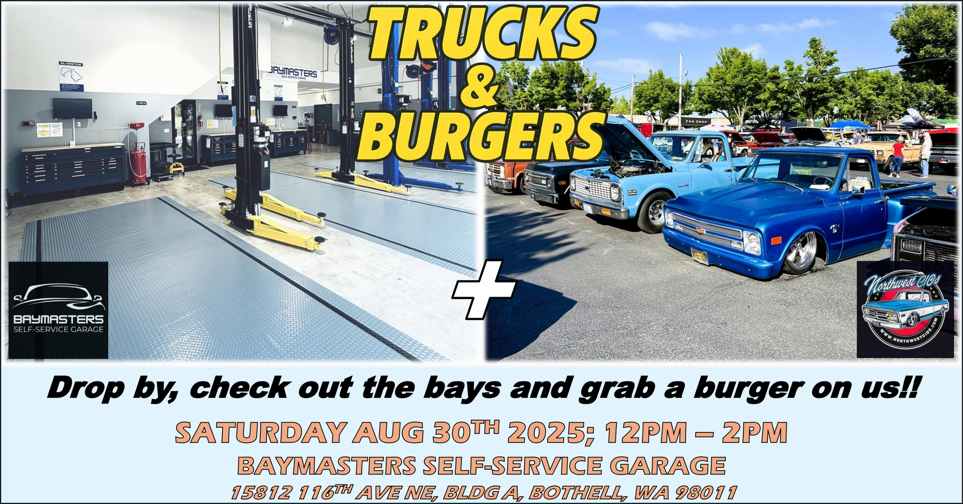 Trucks & Burgers event at Bay Rasters Self-Service Garage: car show with a free burger offer, Saturday, August 5th.