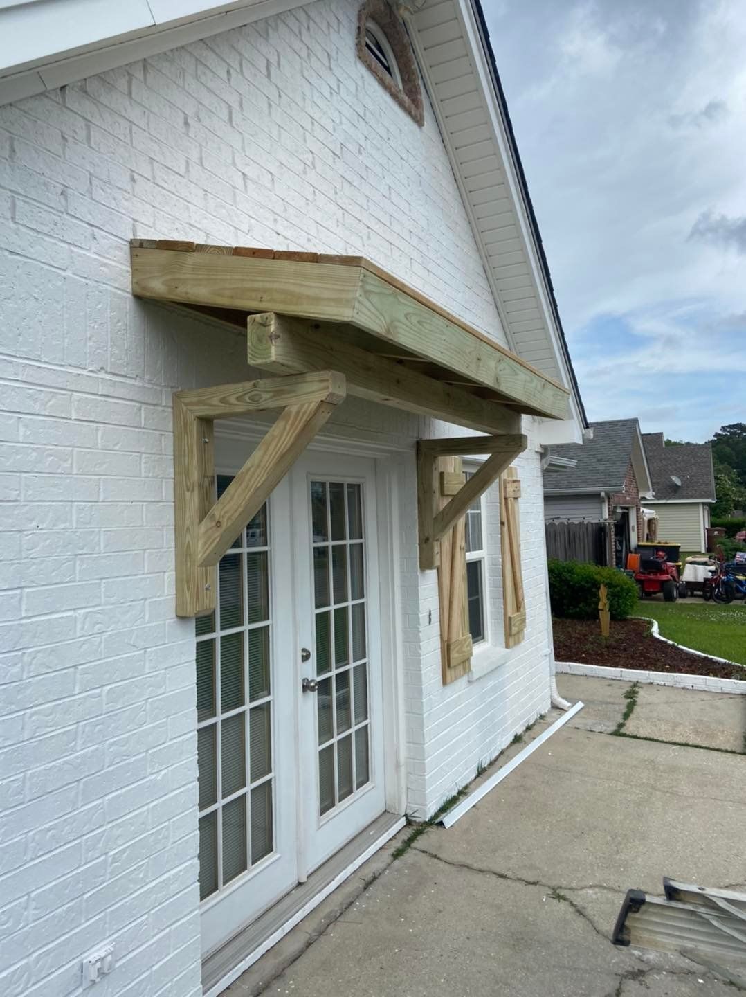 building with wood awning