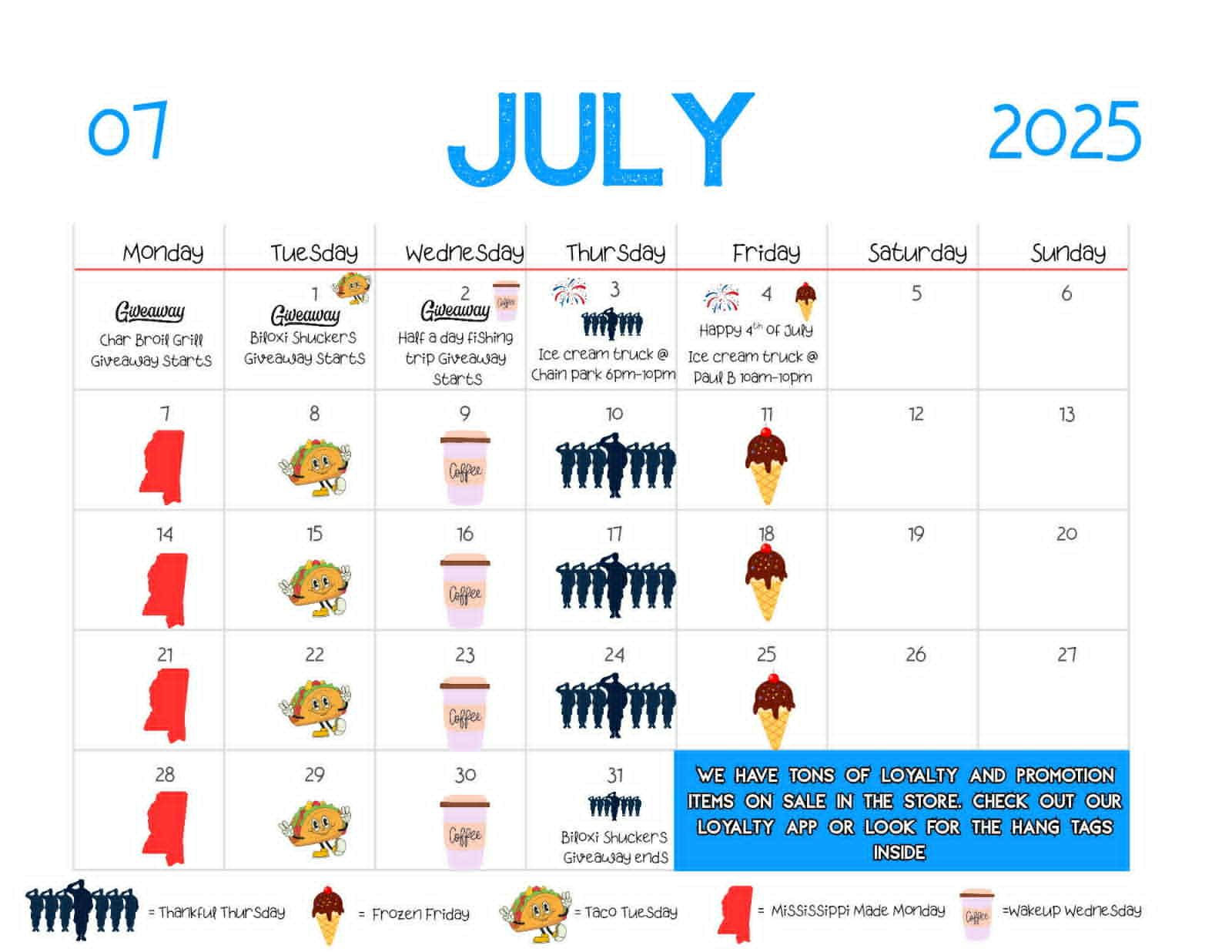 keiths-superstores- calendar July 2025