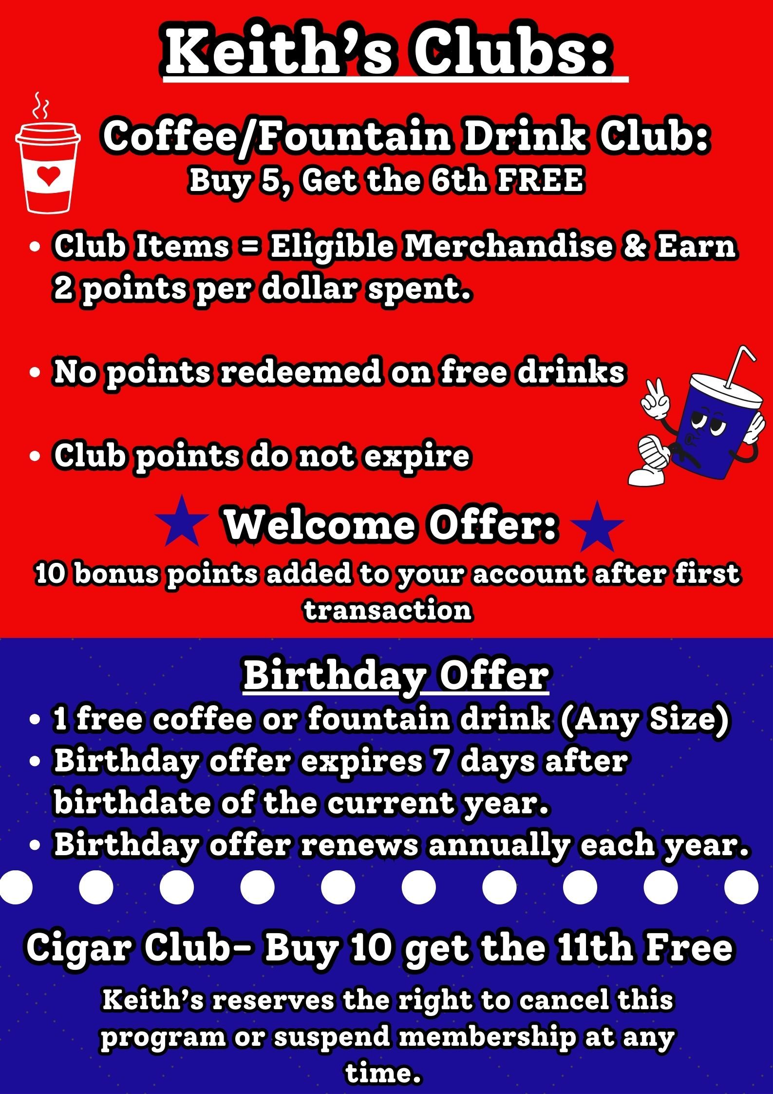 A sign for keith 's clubs that says coffee fountain drink club