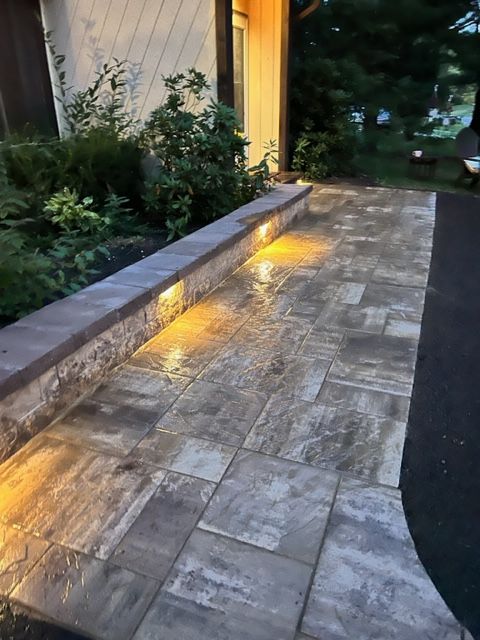 A walkway with lights on the side of it in front of a house.