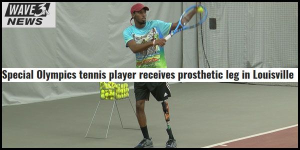 Special Olympics tennis player in Louisville wearing prosthetic leg, swinging racket.