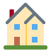 A two-story yellow house icon with a gray roof, red chimney, brown door, blue windows, and a green patch of grass.