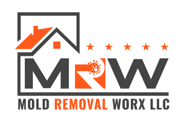 Logo for Mold Removal Worx LLC featuring an orange house icon with a mold-like graphic inside the letter R, plus five stars.