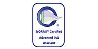 A logo for a NORMITM Certified Advanced IAQ Assessor featuring a blue circular icon with a stylized leaf.