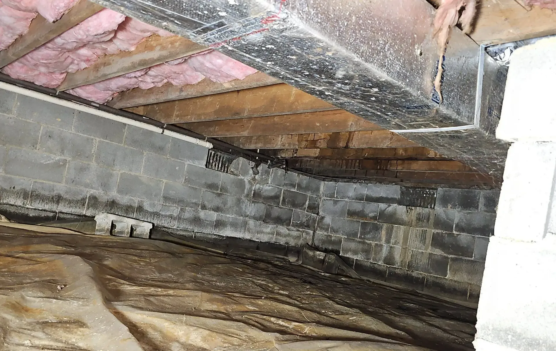 A view inside a dark crawlspace showing concrete block walls, wooden floor joists, pink insulation, and a metal duct.