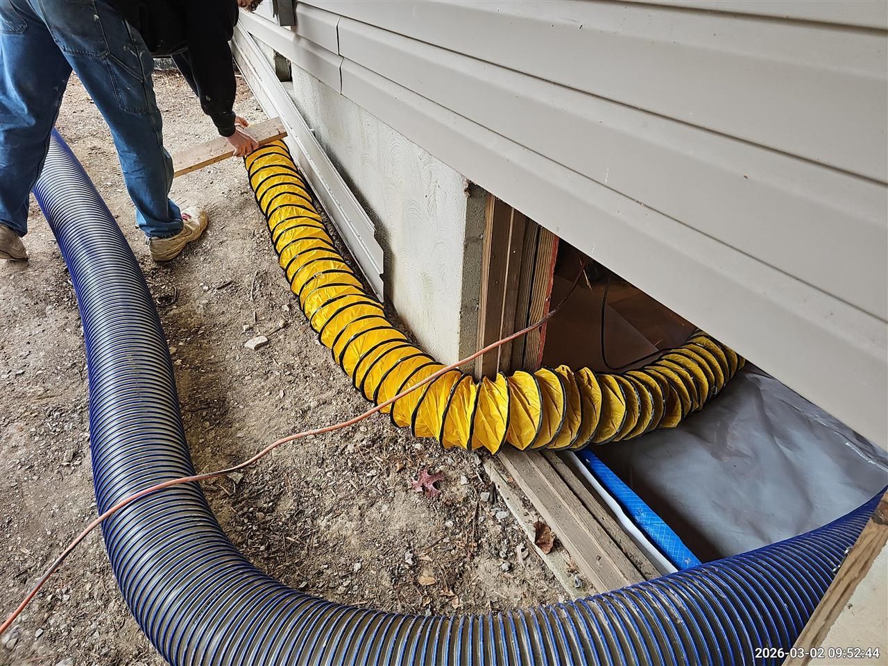 A person connects a yellow flexible duct to an opening under a house foundation, next to a large blue corrugated hose.