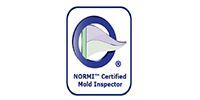 NORMI Certified Mold Inspector logo featuring a blue circle with a stylized flag design.