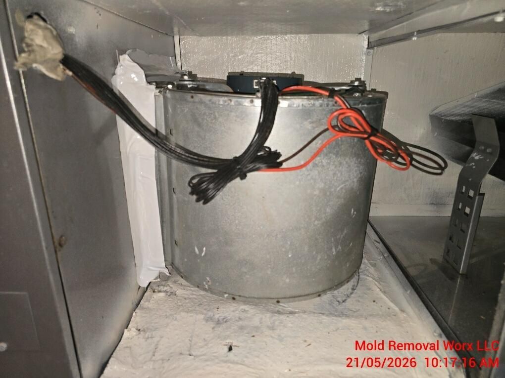 Large gray cylindrical container in a metal cabinet, with black and red wires attached.