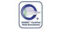 Blue logo for a NORMI Certified Mold Remediator featuring a stylized, abstract flag icon.