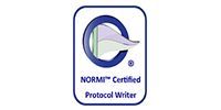 A logo for a NORMITM Certified Protocol Writer, featuring a blue circular emblem with a stylized white flag inside.