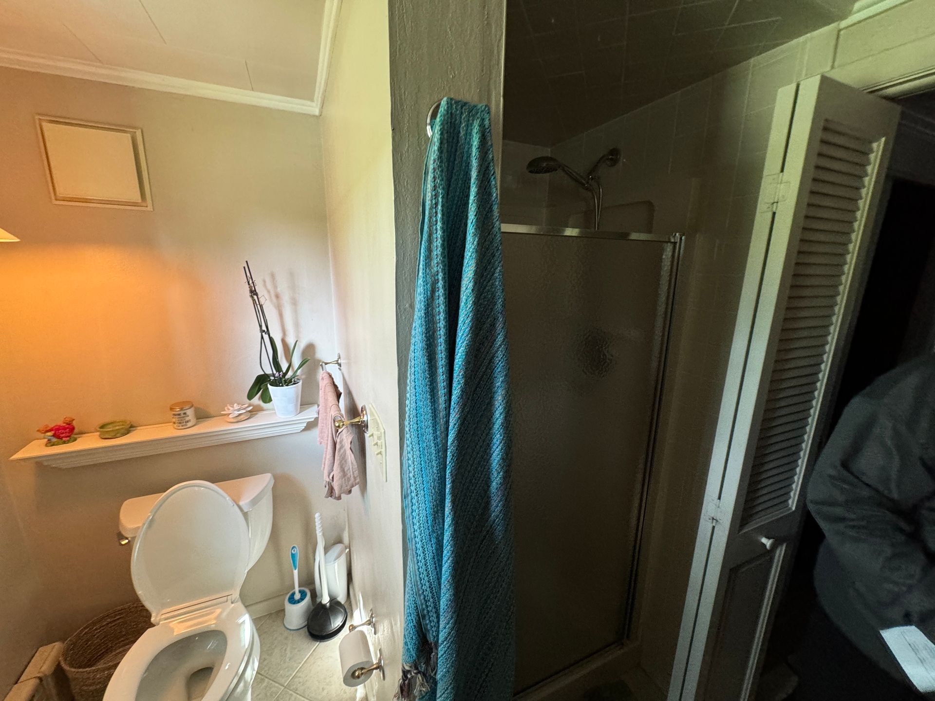 Bathroom interior with toilet, shower, and towel. Beige walls, turquoise towel, and natural light.