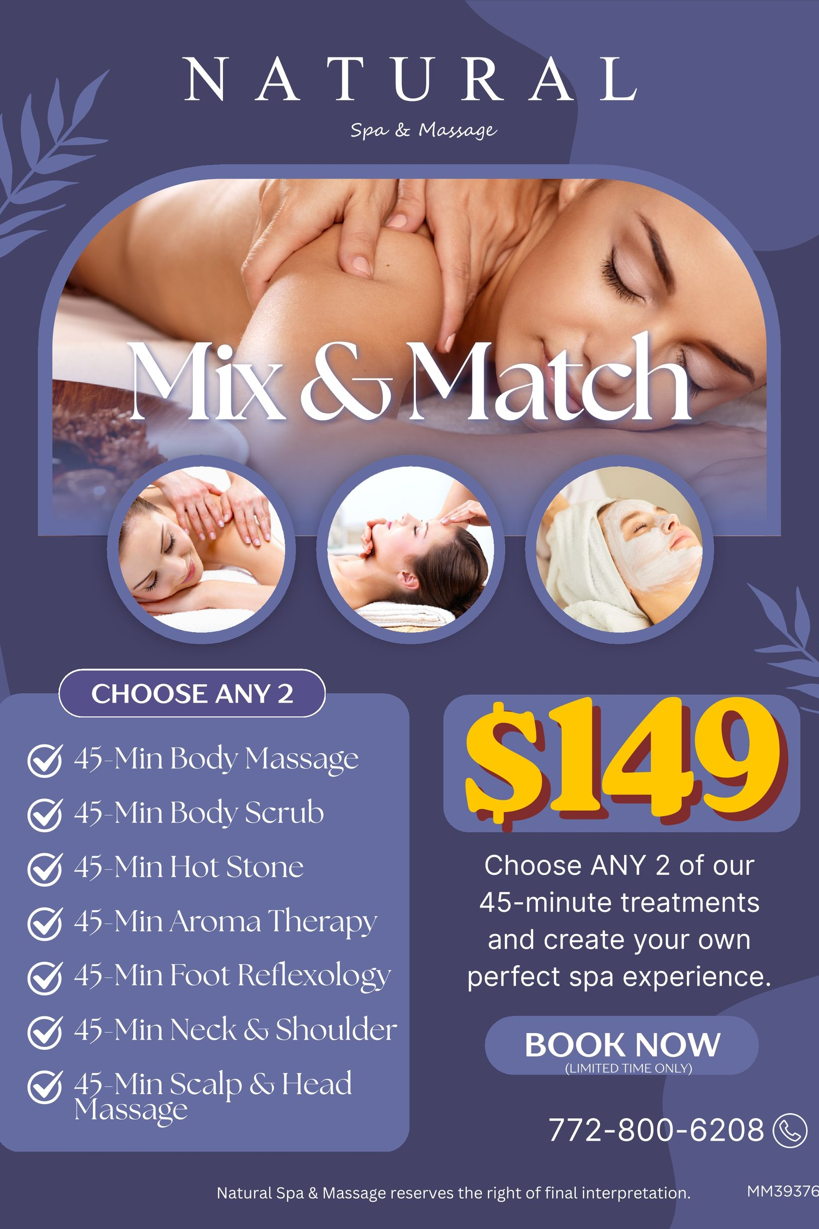 Natural spa promo for mix-and-match services, with $149 price, service list, and book-now button.