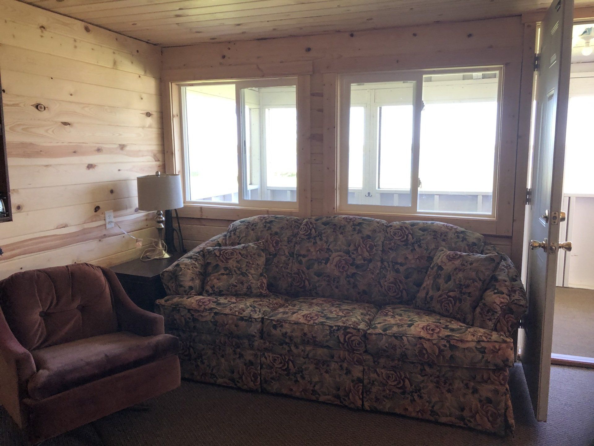 A couch inside the cabin