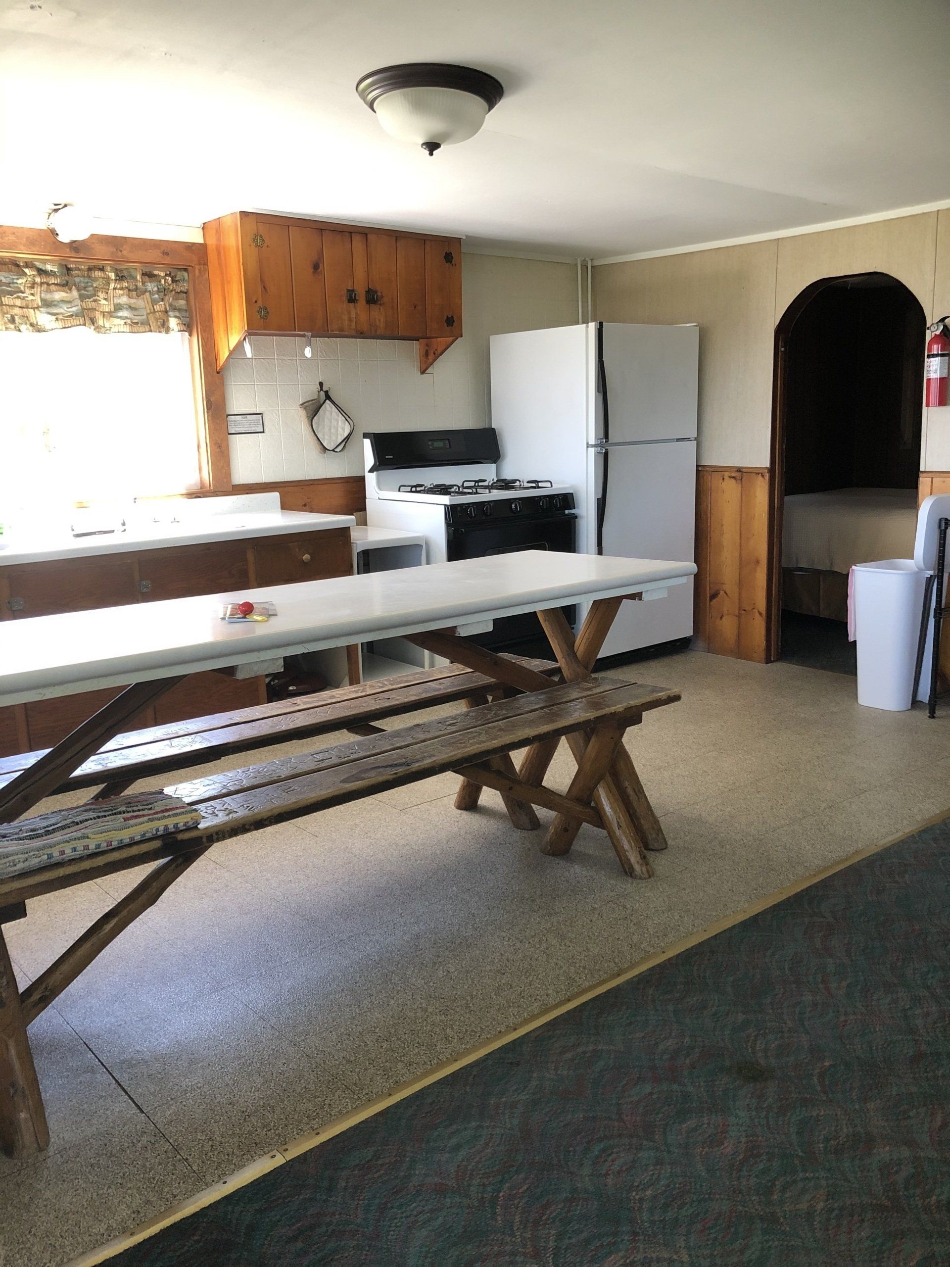 Long table and chair inside the cabin
