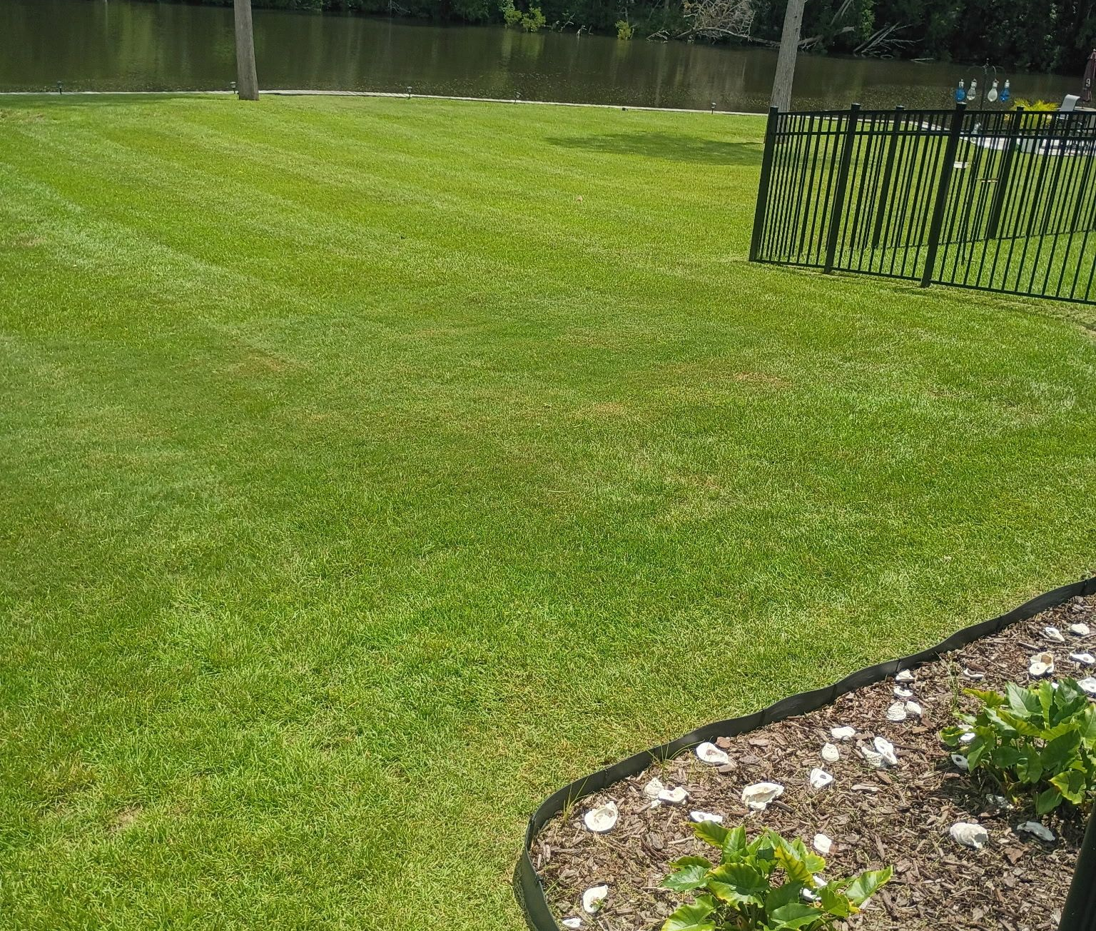 Green lawn with a black fence and a waterway in the background.